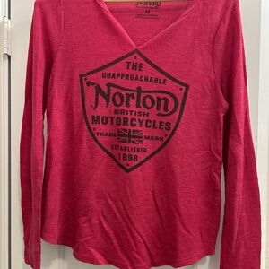 Lucky Brand Red Norton Motorcycle Graphic Long Sleeve Tee/Lightweight Thermal M